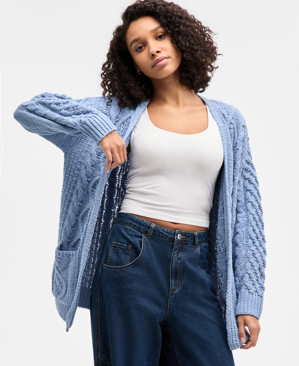 Hooked Up By Iot Juniors' Cable-knit Open Cardigan In Multi
