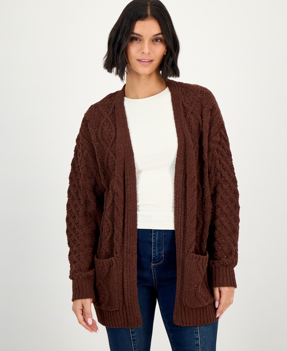 Hooked Up By Iot Juniors' Cable-knit Open Cardigan In Multi