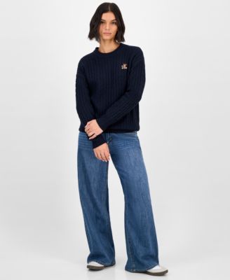 Juniors' Bear-Embroidered Cable-Knit Sweater