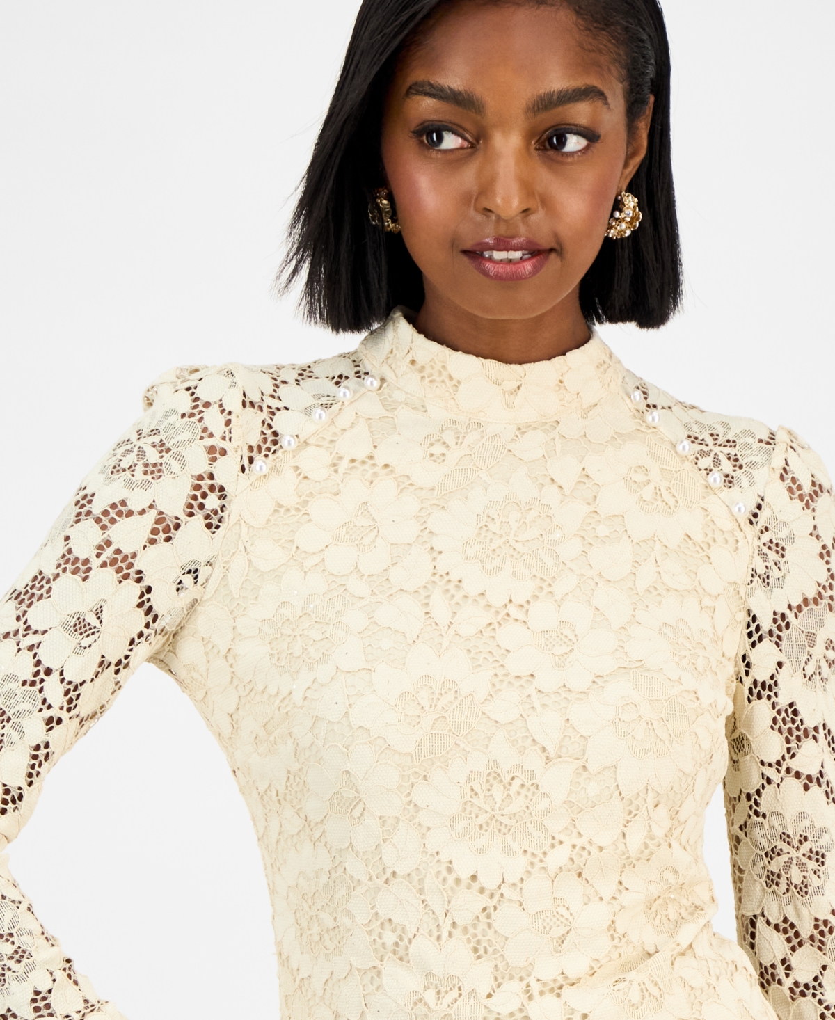 Guess Women's Josephina High Neck Long-sleeve Lace Top In Neutral