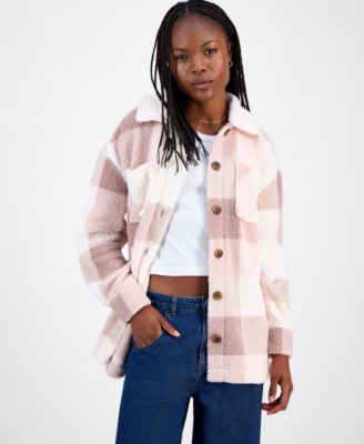 Juniors' Collared Long-Sleeve Plaid Shacket