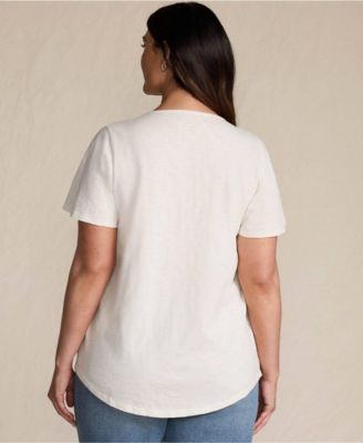 Women's Plus Size Slub Flutter Sleeve Lace Trim Notch Neck Tunic Top