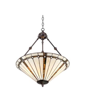Bronze Pendant Chandelier 20" Wide Tiffany Style Gold Texture Ivory Stained Glass Dining Room House Kitchen