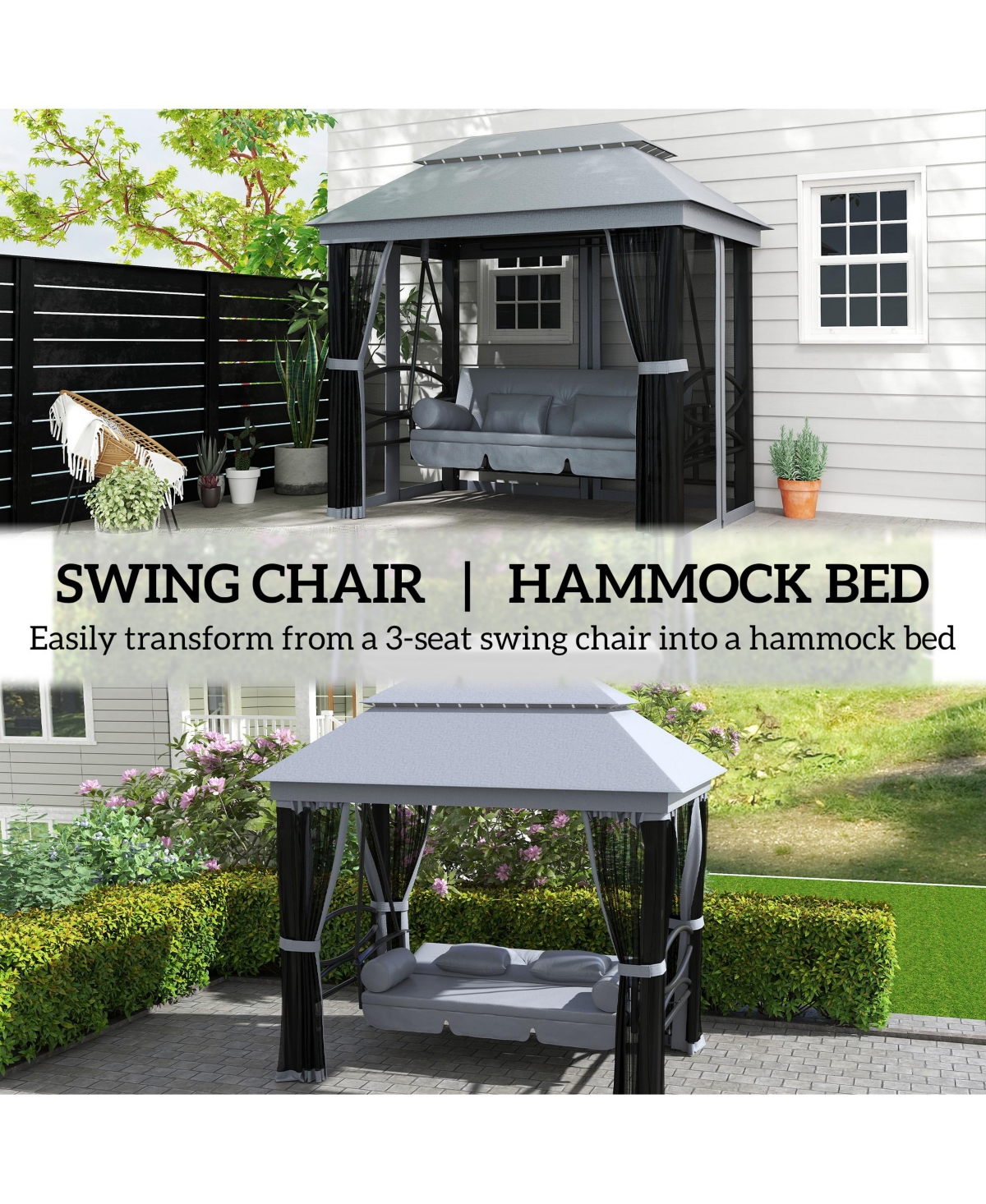 Outsunny 3-Seat Patio Swing Chair, Gazebo Swing with Mesh Sidewalls,