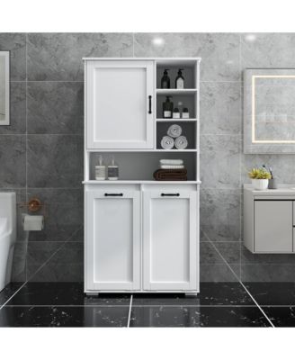 Laundry Cabinet with Doors, Tilt-Out Hamper, Open and Adjustable Shelves