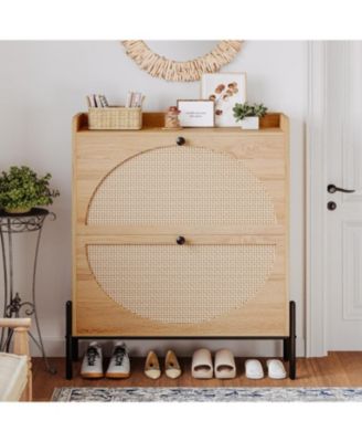 Shoe Cabinet Storage with 2 Flip Drawers, Oak