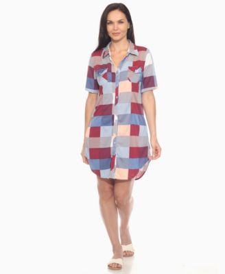 Women's Short Sleeve Plaid Button-Down Shirt Dress