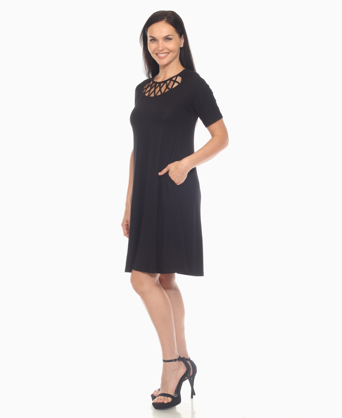 White Mark Plus Size Short Sleeve Crisscross Neck A-line Dress In Black