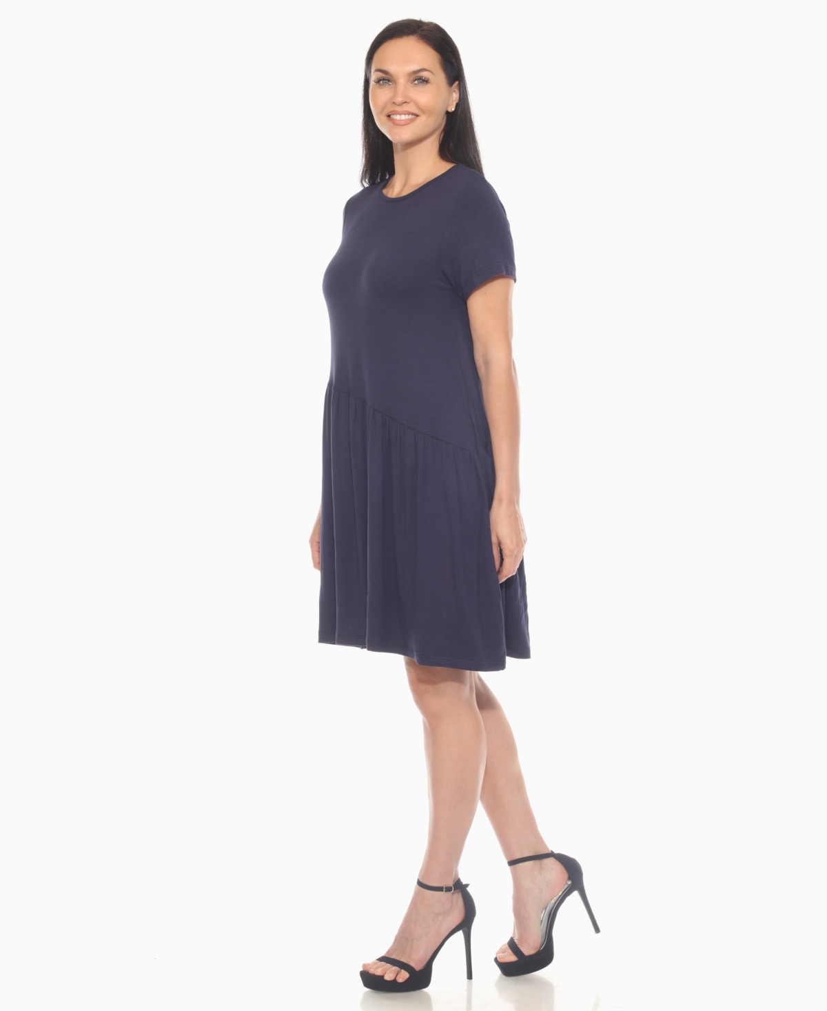 White Mark Women's Asymmetrical Waist And Short Sleeve Swing Dress In Blue