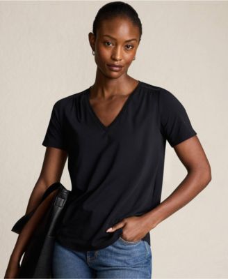 Women's Petite Short Sleeve Lightweight Jersey Gathered Shoulder T-Shirt