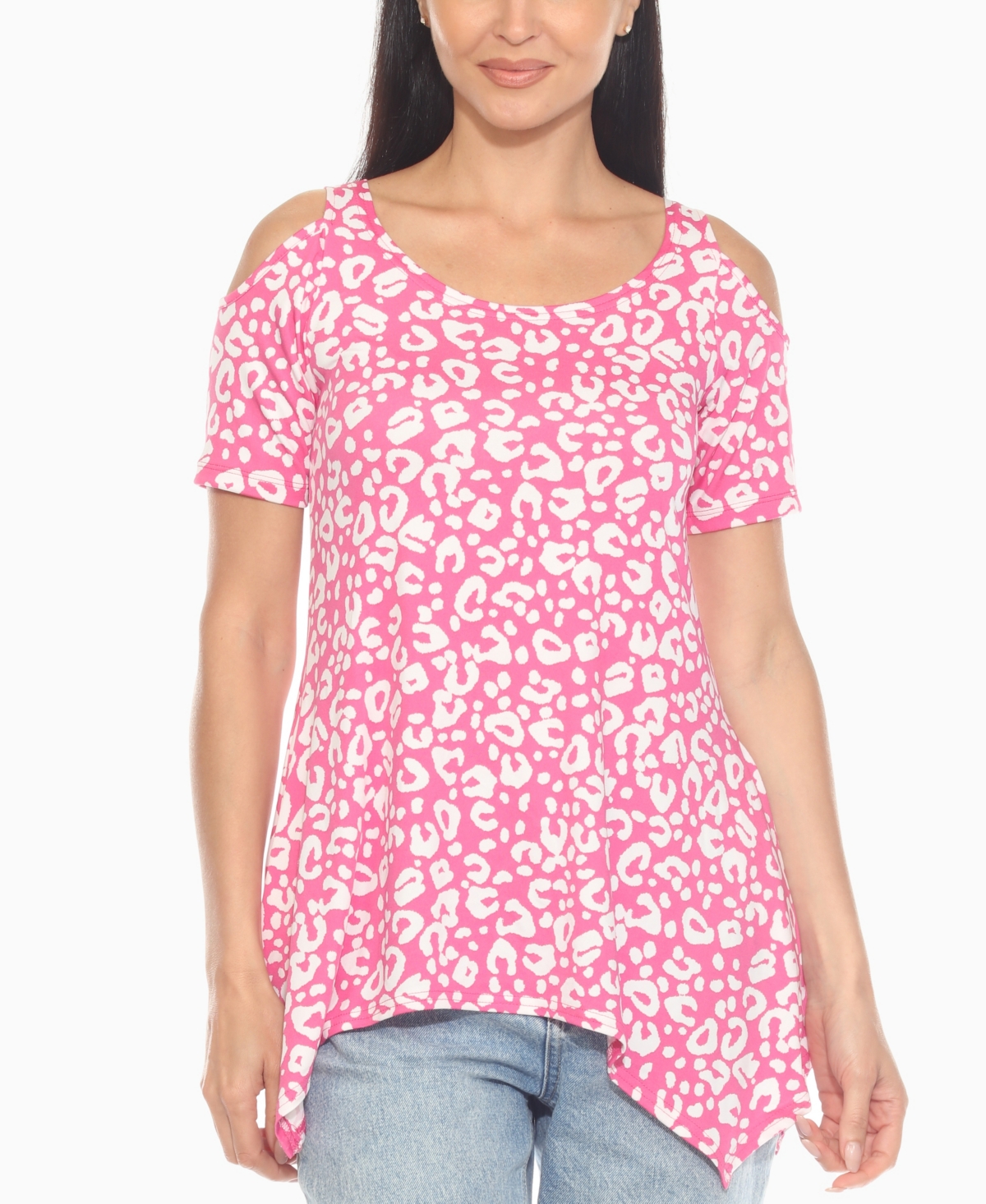 White Mark Plus Size Leopard Cold Shoulder Tunic Top In Pink