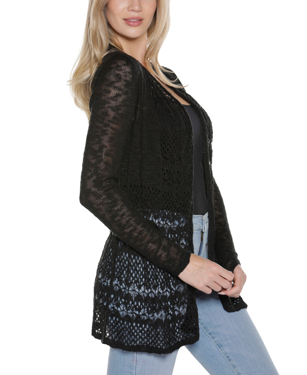 Belldini Plus Size Open-front Pointelle-trim Cardigan Sweater In Black
