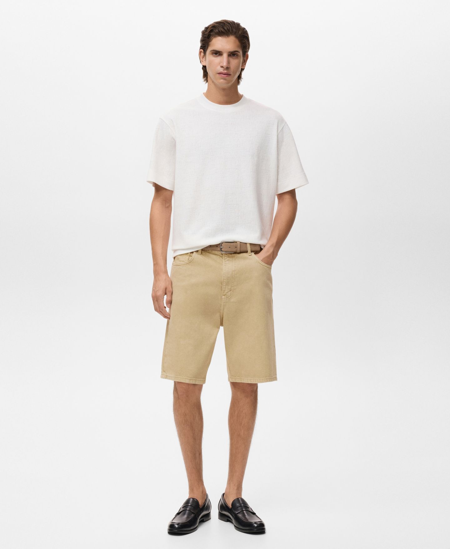 Мужские шорты Mango Denim Relaxed-Fit 9.53" Bermuda, цвет: Бежевый — фото 2