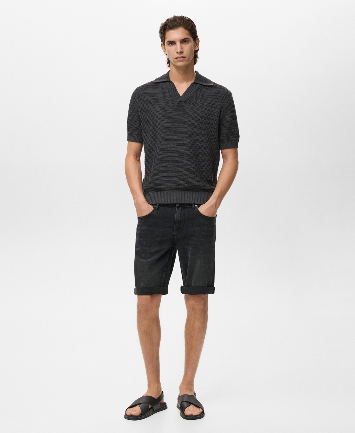 Mango Slim Fit Denim Bermuda Shorts In Black