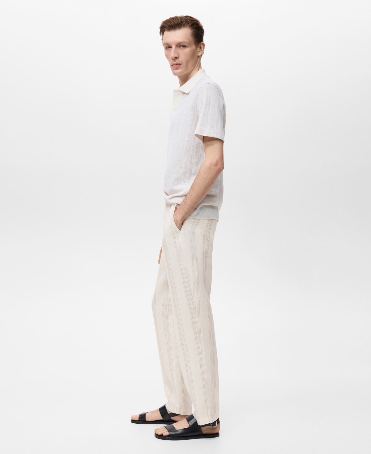 Mango Elastic Waist Linen Pants In White