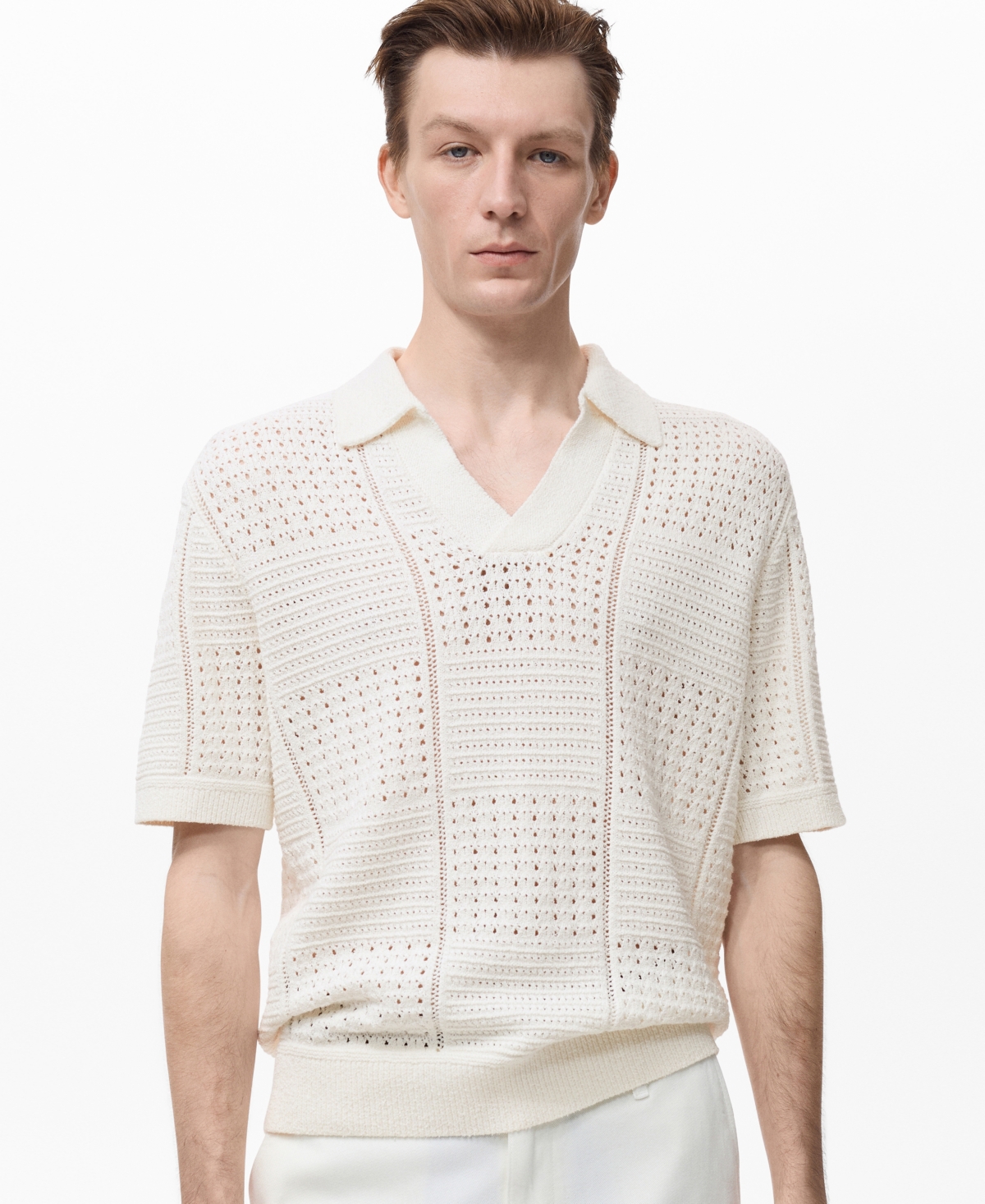 Mango Openwork Johnny Collar Polo In Neutral
