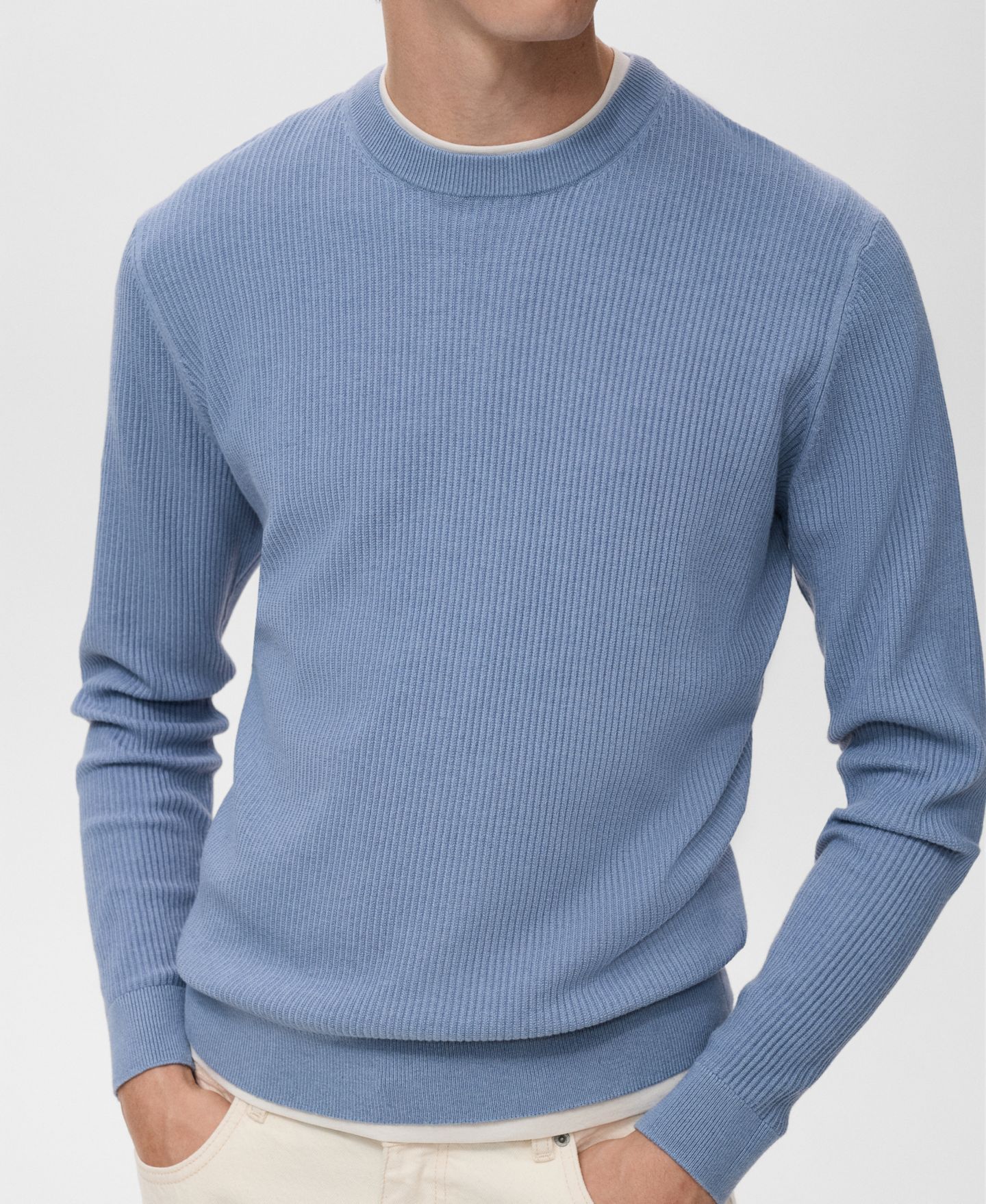 Мужской свитер MANGO Fine Rib-Knit Cotton, цвет: Синий — фото 6