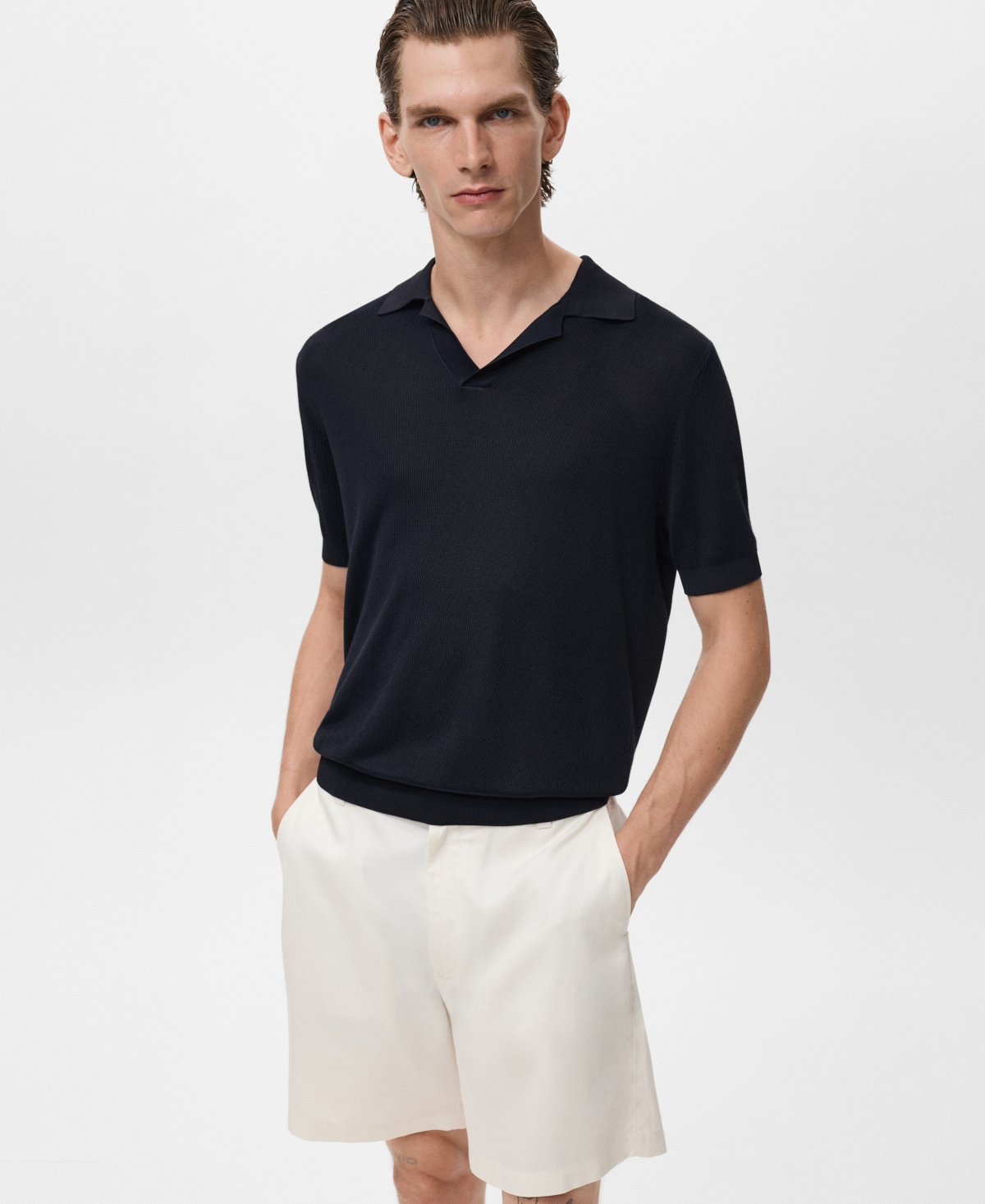 Mango Structured Fine Knit Polo In Black