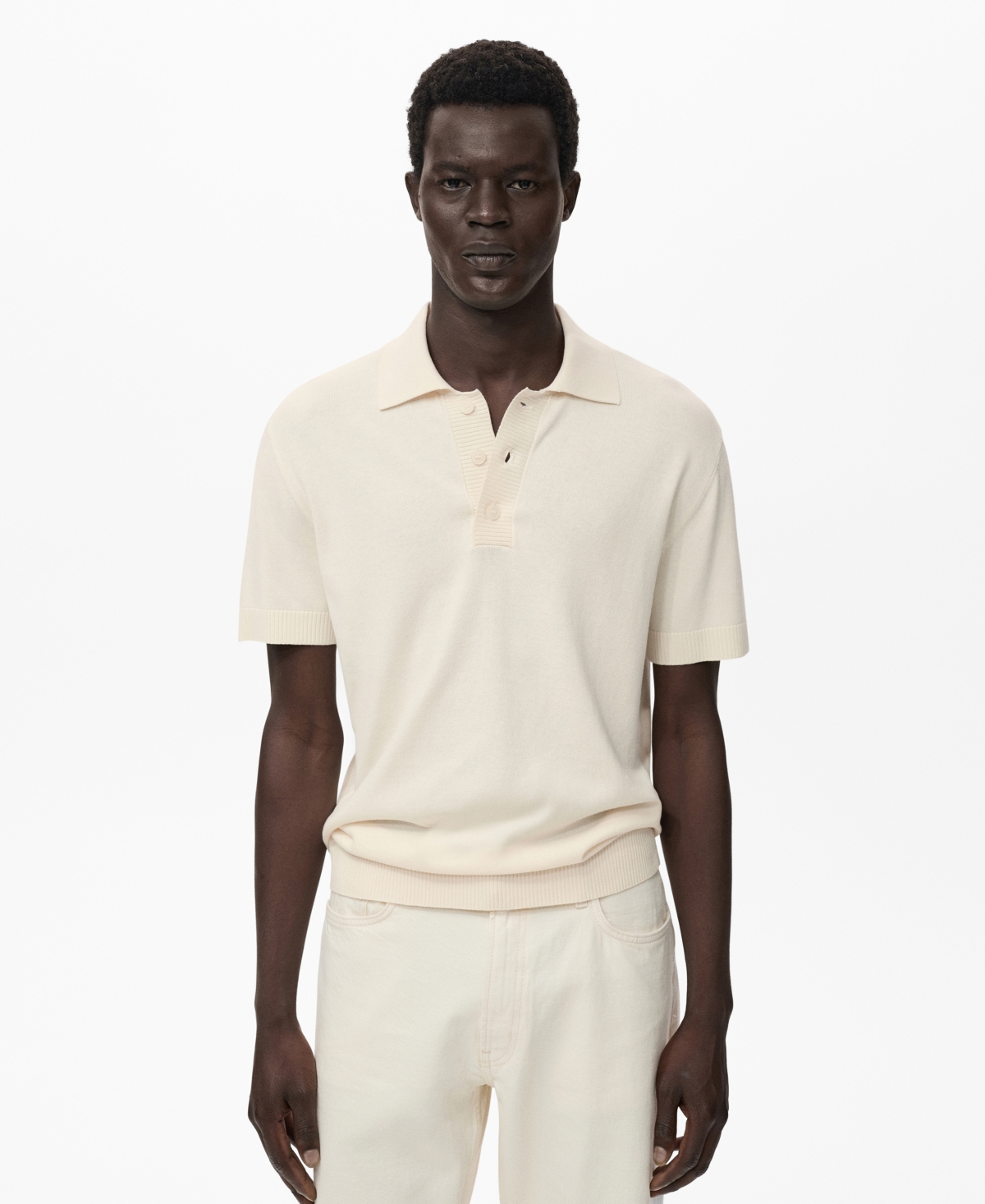 Mango Cotton Blend Knit Polo In White
