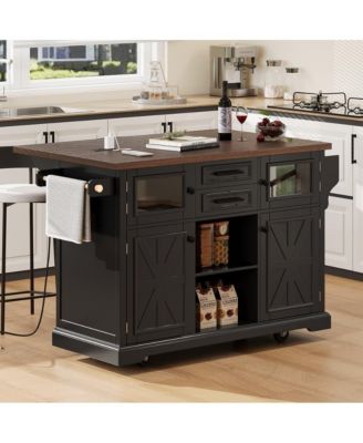 54.9" Rolling Kitchen Island with Drop Leaf & Power Outlet, Farmhouse Storage Cart with Adjustable Shelves