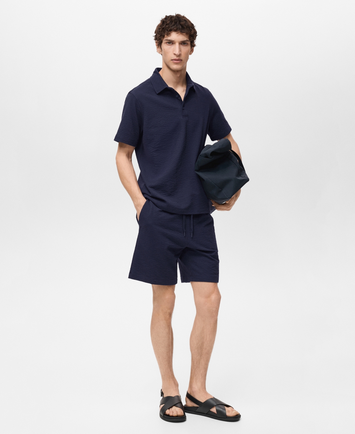 Mango Drawstring Seersucker Shorts In Blue
