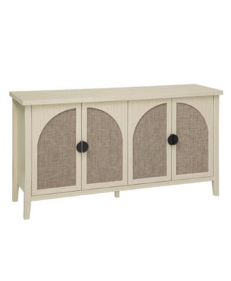 CASAINC 58.11" 4-Door Pine & Engineered Rattan Adjustable Shelves, Anti-Dumping Device, Non-Slip Pads Rattan Storage Cabinet