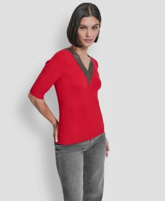 Women's Embellished-Neck Half-Sleeve Ribbed Sweater