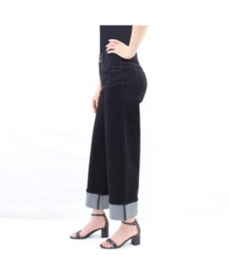 Black High-Rise Wide-Leg Cropped Cuff Tummy Tuck Jeans