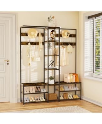 6 in 1 Coat Rack Shoe Bench Coat Rack Hall Tree with Bench Entryway Corner Coat Stand  Large Organizer