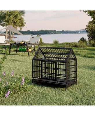 Black Metal 48 in. Heavy Duty Dog Crate with Wheels, Folding Big Dog Cage with a pointed roof and Removable Tray