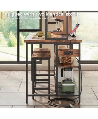Kitchen Island with Stools, Storage and Power Outlet, Vintage Brown