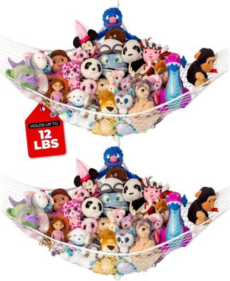 Toddler Stuffed Animal Net Hammock, Jumbo Extra Large Corner Hanging Toy Storage Organizer, White, 2 Pack