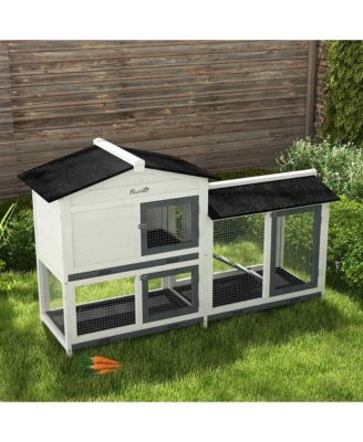 2-tier Wood Backyard Bunny Cage Small Animal House w/Ramp&Outdoor Run