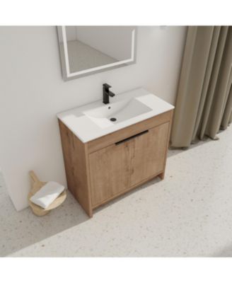 36 Inch Freestanding Vanity with White Ceramic Sink and Soft-Close Cabinet Doors