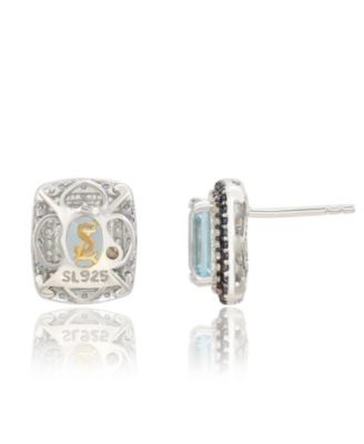 Suzy Levian Sterling Silver Emerald Cut Topaz And Sapphire Double Halo Stud Earrings