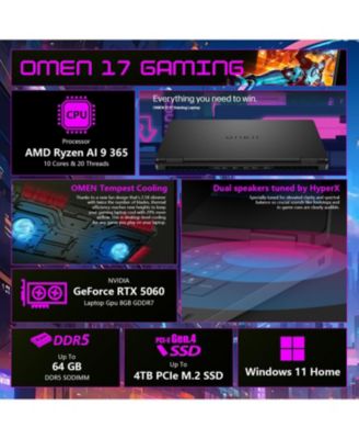 Omen 17.3" Gaming Traditional Laptop AMD Ryzen AI 9 365 16GB RAM NVIDIA GeForce RTX 5060 512GB SSD Storage Windows 11 Home FHD 144Hz - Black