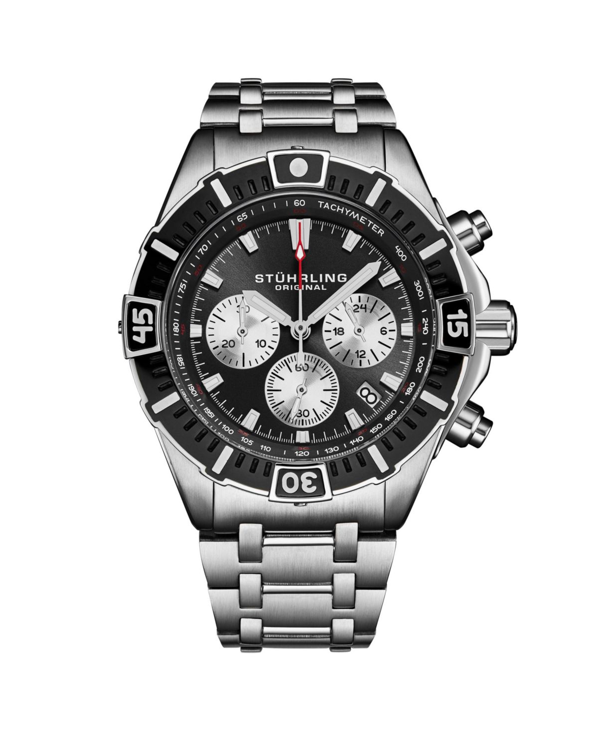 Мужские часы с хронографом 1022, кварцевый механизм, Черный циферблат, серебряные дополнительные циферблаты, черный безель, корпус и браслет из нержавеющей стали, водонепроницаемость 50 метров