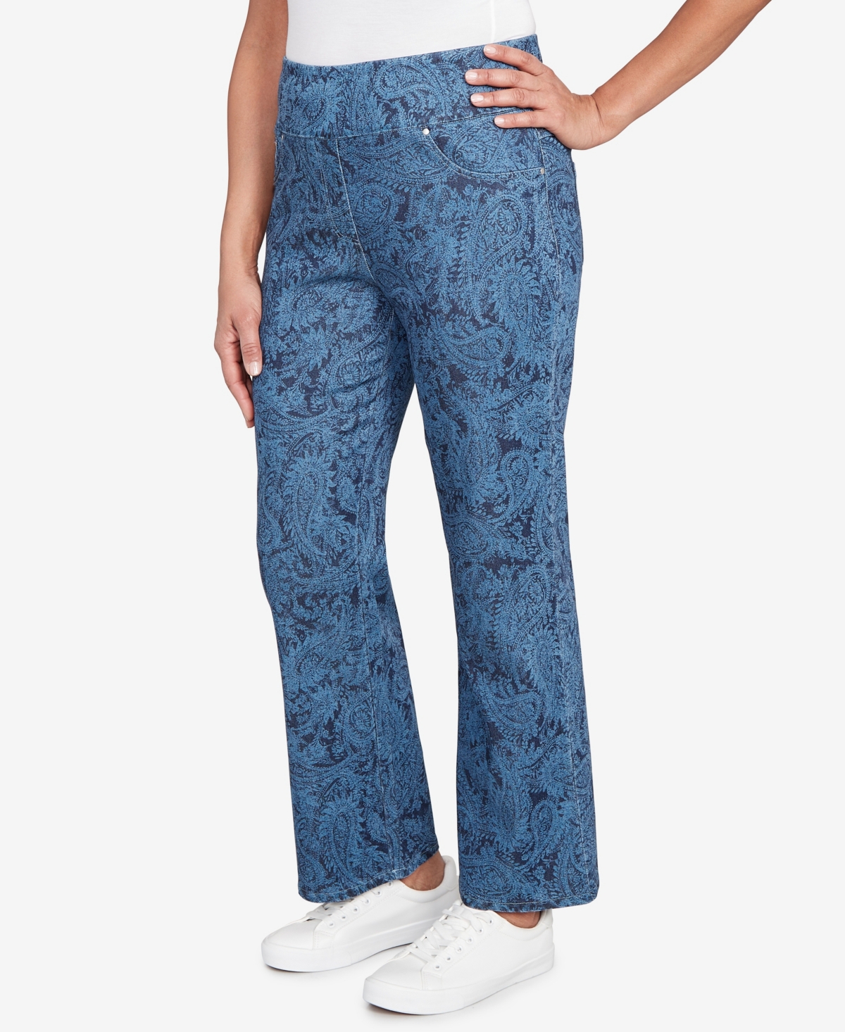 Ruby Rd. Petite Paisley Stretch Denim Pull On Ankle Jeans In Blue