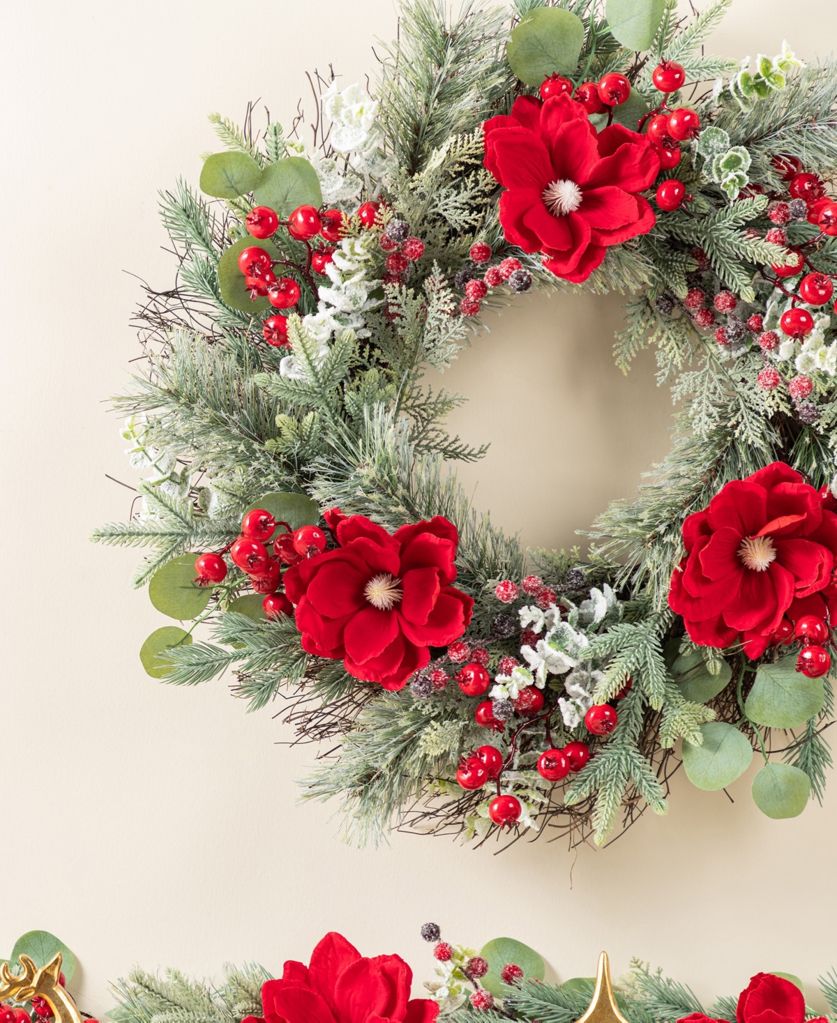 Glitzhome 24" Christmas Mangnolia Berry Wreath In Multi