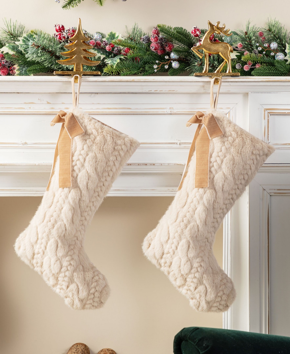 Glitzhome 21" Milk Coffee Brown Twisted Faux Marten Fur Christmas Stocking With Bow In Multi