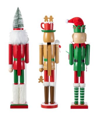 Wooden Christmas Green Brush Tree, Gingerbread Man and Elf Dog Nutcracker, Set of 3