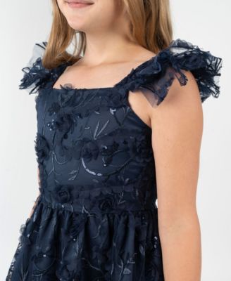 Big Girls 3D Floral Embroider Mesh Social Dress