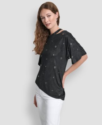 Women's Short Sleeve Grommet Detail Cutout Top