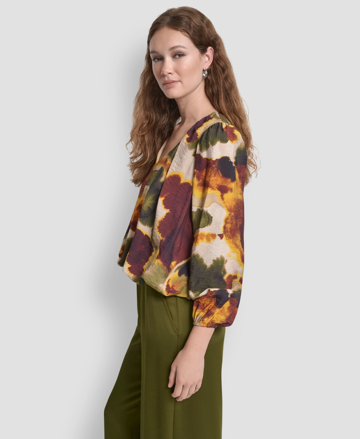 Dkny Women's Rumpled Voile Printed Long Sleeve Top In Multi