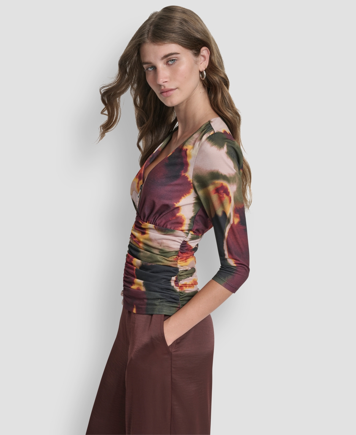 Dkny Ruched Knit Zip-up Top In Multi