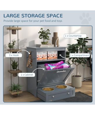 Dog Feeder Cabinet with Raised Bowls and Hooks Grey