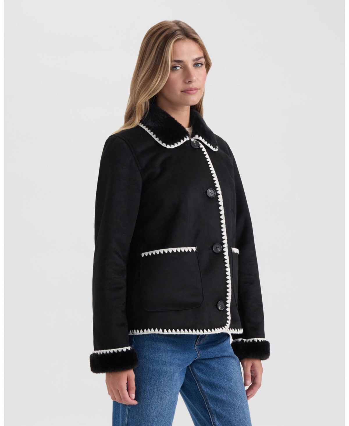 Ellen Tracy Women's Shearling Jacket with Contrast Stitching