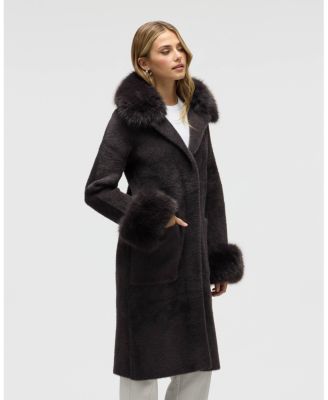 Women's Longline Elegant Coatigan with Detachable Fur Collar and Cuffs