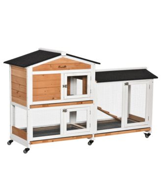 62" Wooden Rabbit Hutch with Wheels, Run Box, No Leak Tray, and Ramp