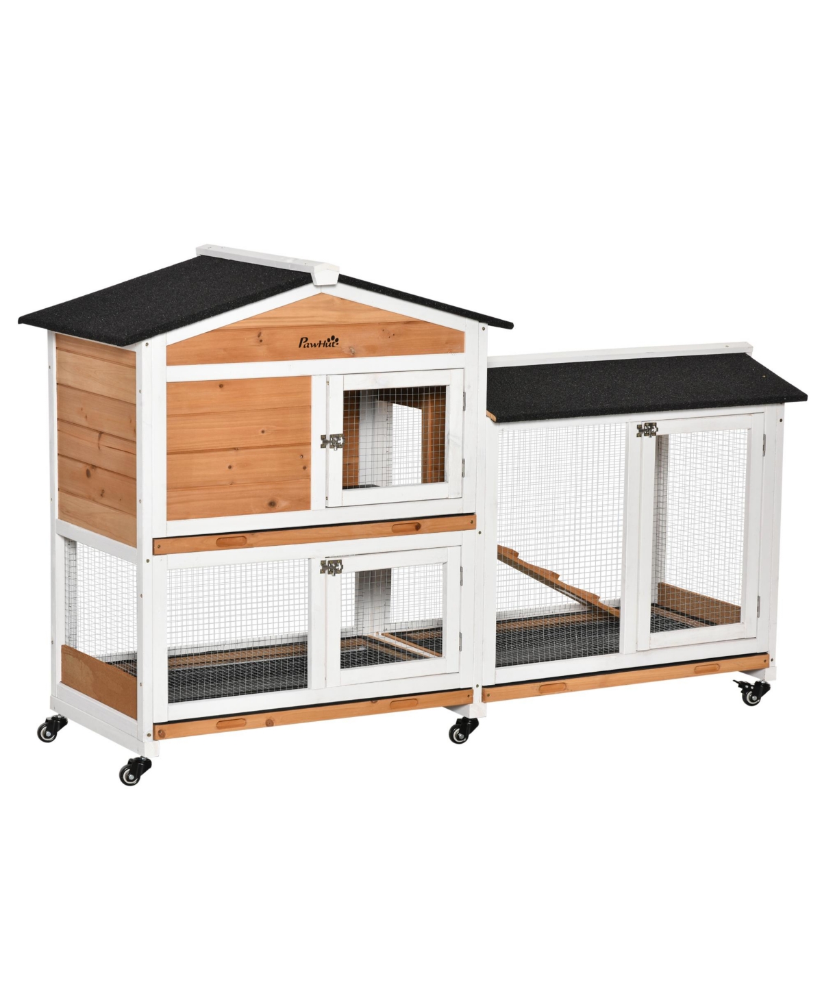 PawHut 62" Wooden Rabbit Hutch with Wheels, Run Box, No Leak Tray, and Ramp